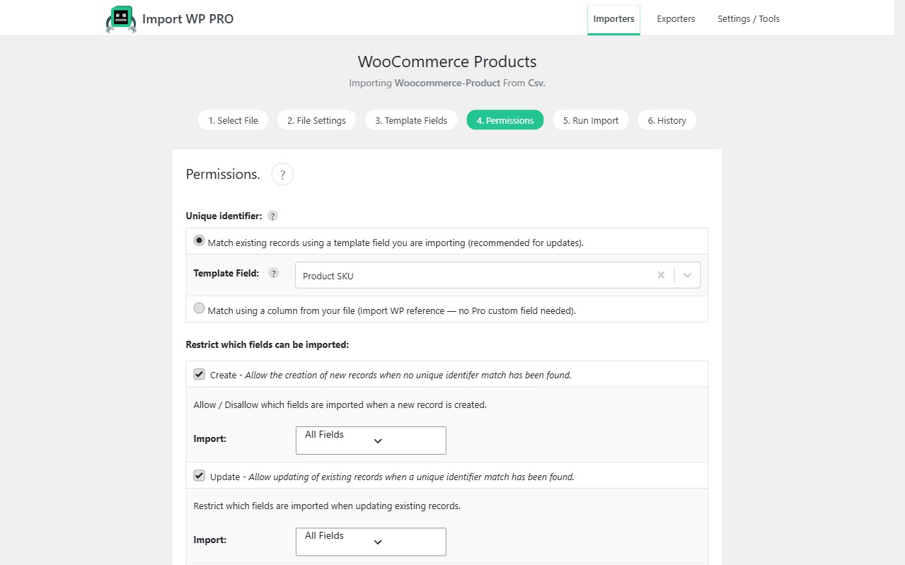 Import WP Permissions step matching existing WooCommerce products by Product SKU, with create and update enabled.