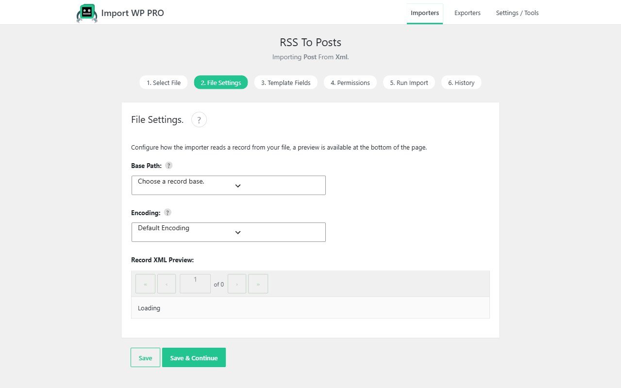 Import WP File Settings step for an XML feed, with Base Path and Encoding options and a record preview.