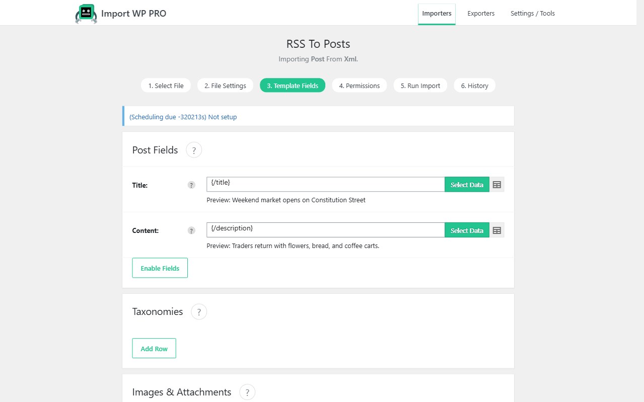 Import WP Posts template mapping RSS XML nodes {/title} and {/description} onto title and content.
