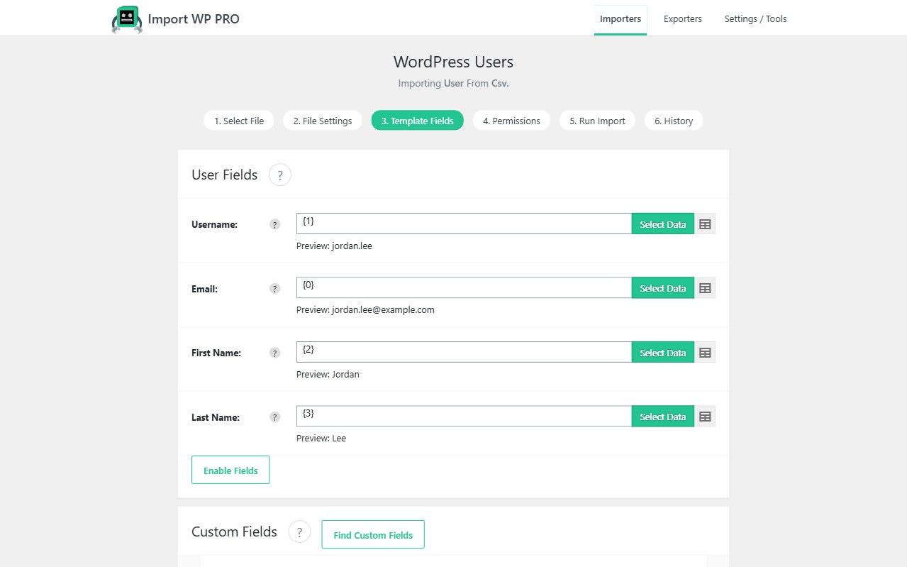 Import WP Users template mapping username, email, first name, and last name, with a preview of jordan.lee.
