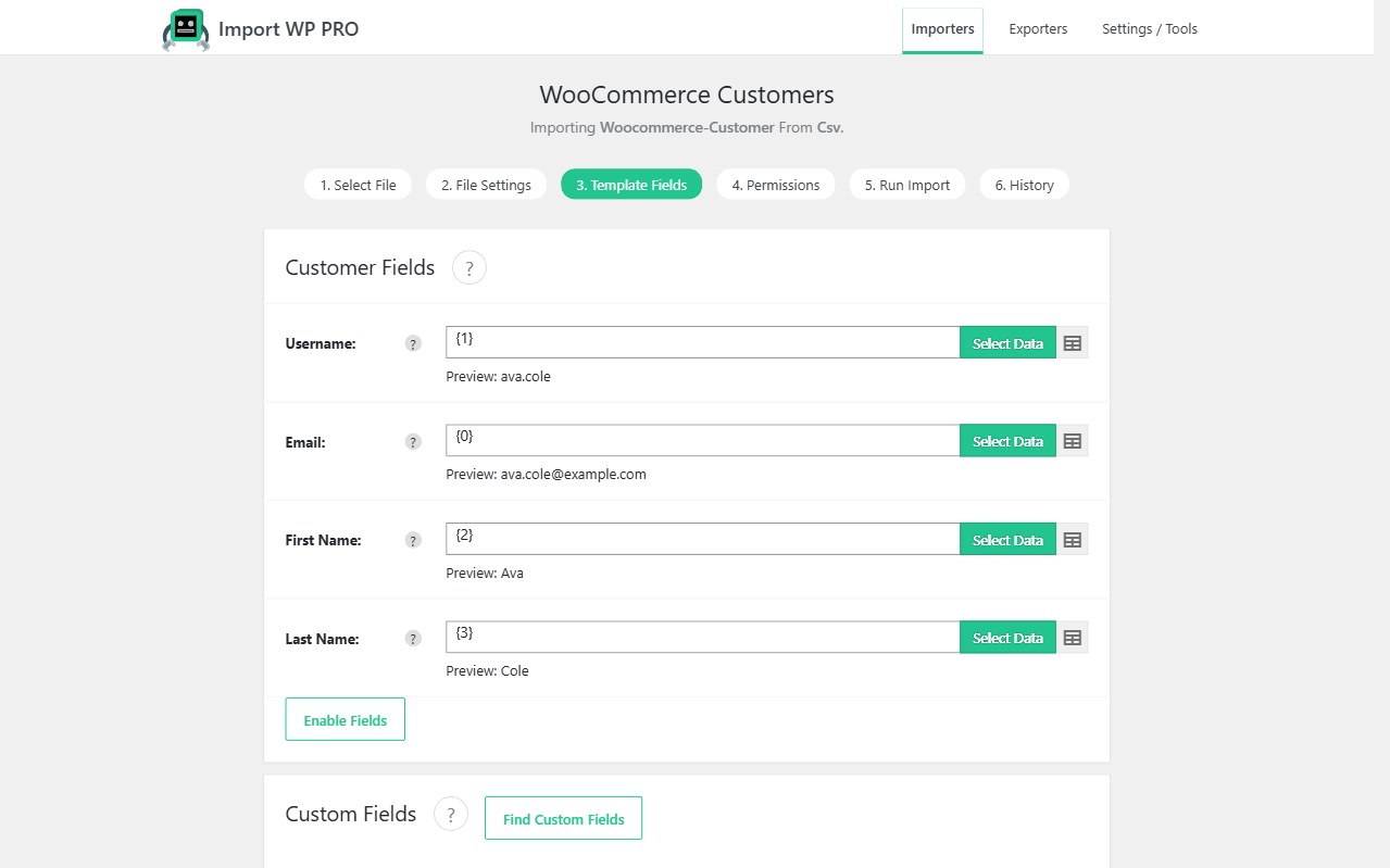 Import WP WooCommerce Customers template mapping username, email, first name, and last name from CSV.