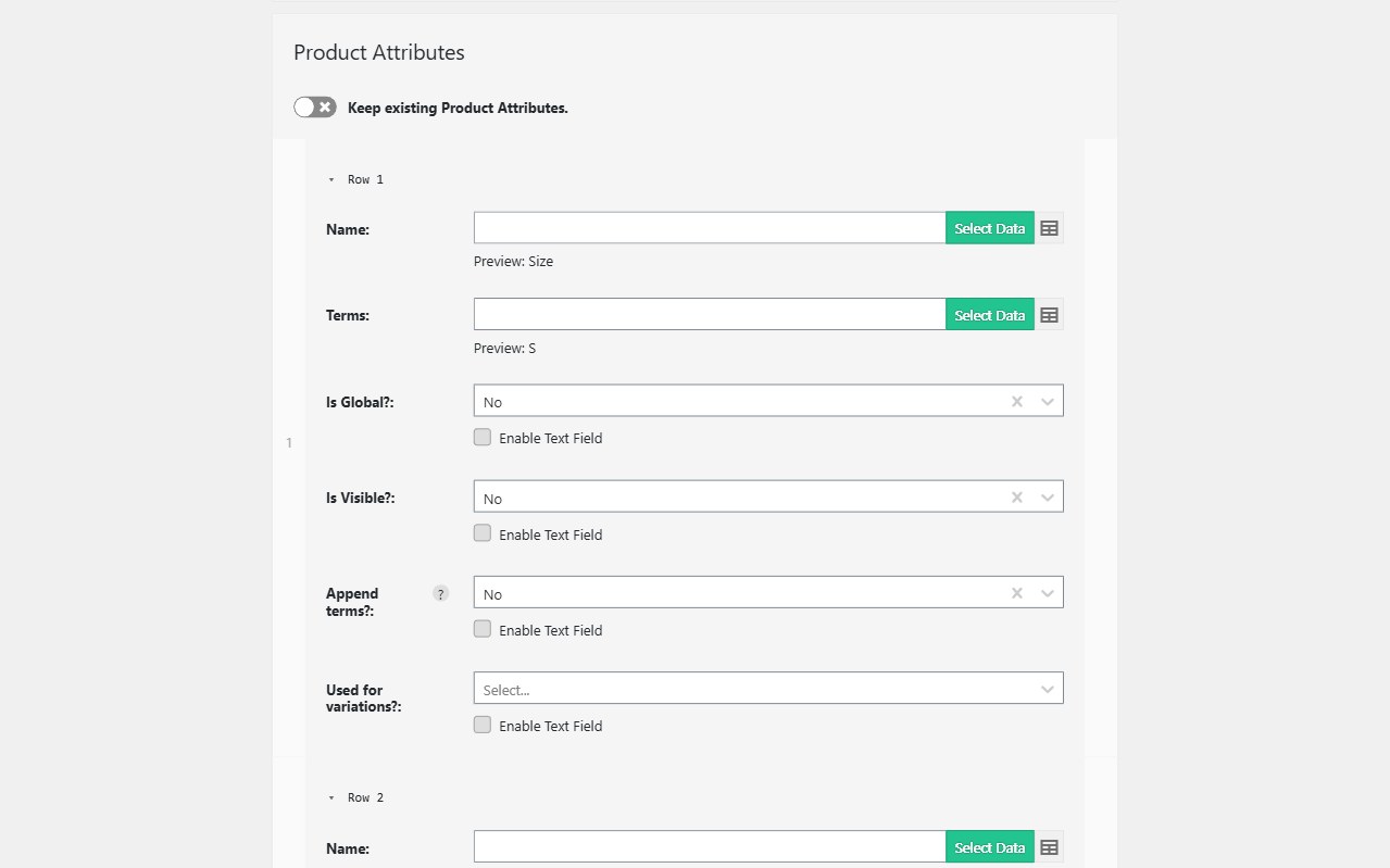 Import WP Product Attributes group on the WooCommerce products template, with parent SKU matching for variations.