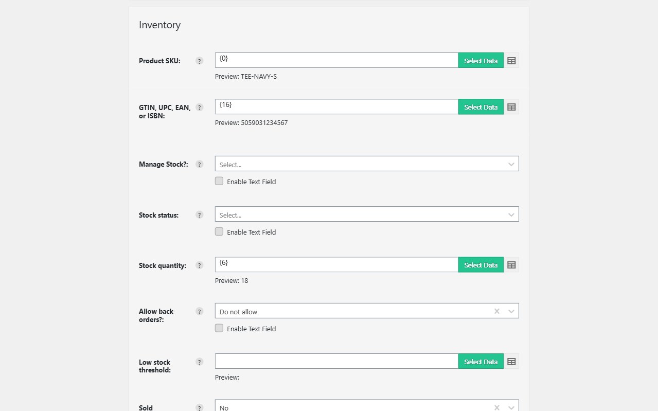 Import WP Inventory fields mapping product SKU TEE-NAVY-S, GTIN, and stock quantity 18.