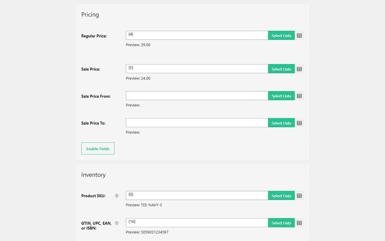 Import WP Pricing fields mapping regular price and sale price from CSV columns, with previews of 29.00 and 24.00.