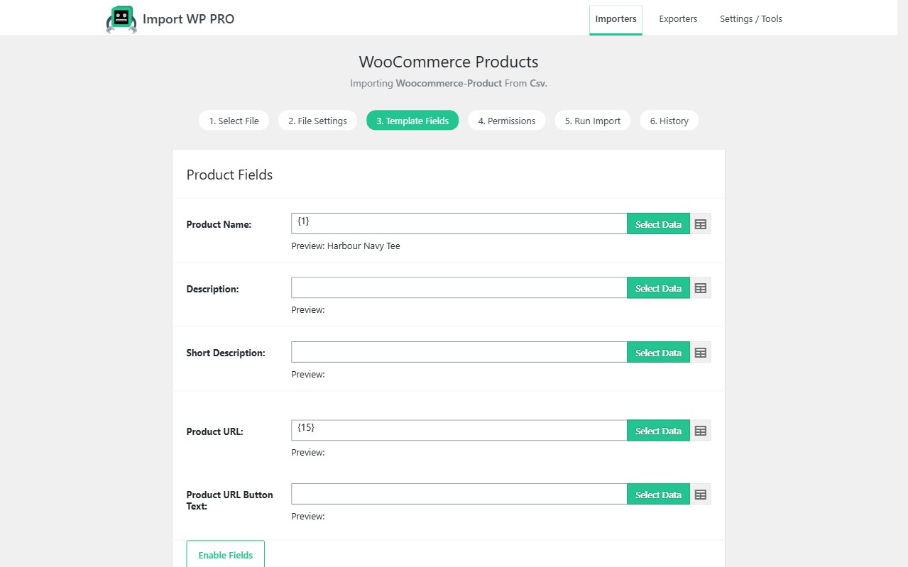 Import WP Products template mapping Product Name, description, and affiliate product URL from a CSV, with a preview of Harbour Navy Tee.