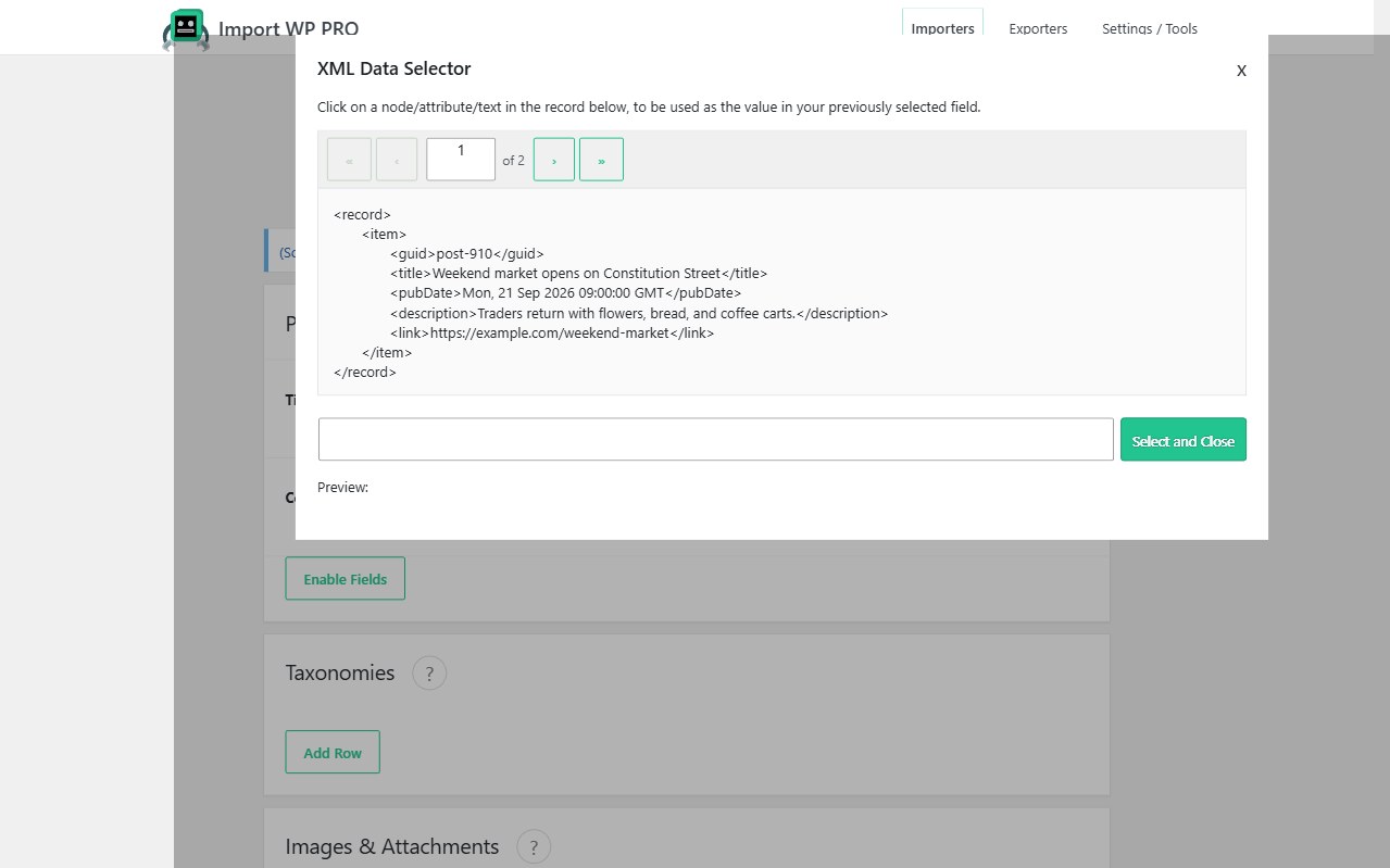 Import WP XML Data Selector showing an RSS item node with title, pubDate, description, and link.